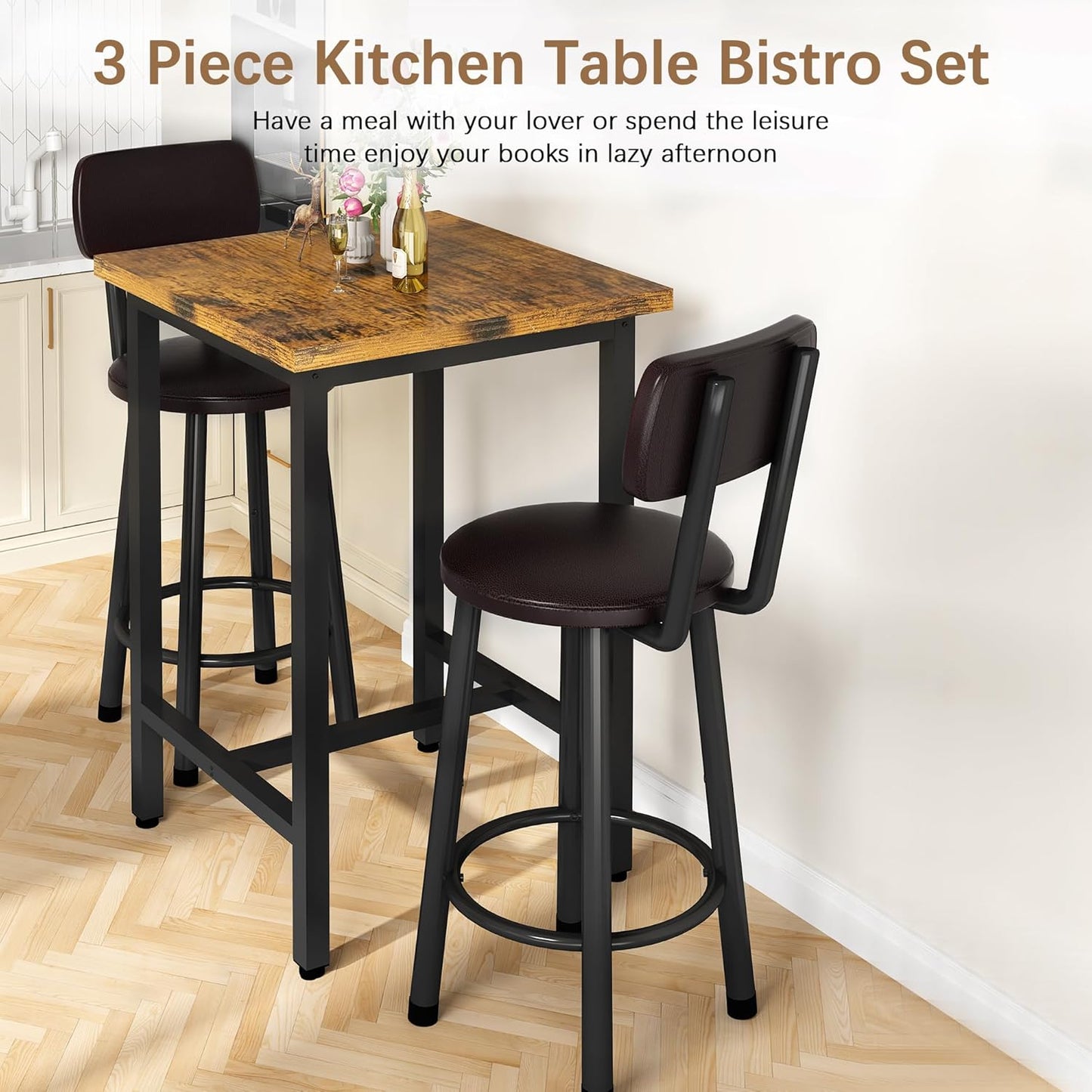 3 Piece Pub Dining Set, Modern Bar Table and Stools for 2 Kitchen Counter Height Wood Top Bistro Easy Assemble for Breakfast Nook Living Room Small Space Restaurant, Rustic Brown 24”