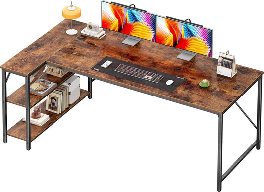 L Shaped Desk, 63 Inches Computer Desk with Reversible Storage Shelves, for Gaming Corner Home Office Writing Study, Metal Frame, Rustic Brown