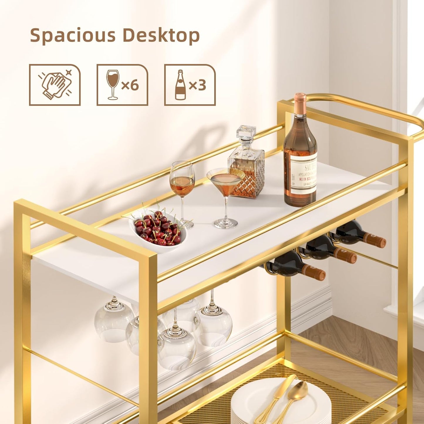 Bar Cart,Home Bar Serving Cart with Storage Shelves, 2 Tier Rolling Beverage Cart with Wheels, Modern Flowing Gold Wine Cart with Wine Rack and Glass Holder for Kitchen, Dinning Room,Living Room