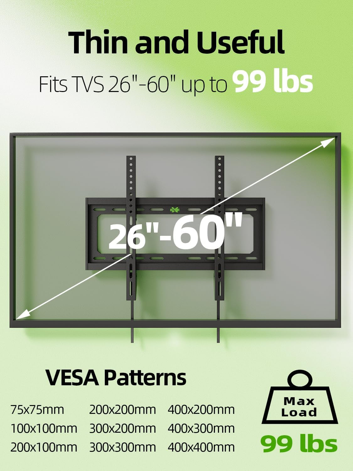 Tilting TV Wall Mount Bracket Low Profile for Most 26"-60" LED, LCD, Flat Television, TV Bracket Tilt Mount for VESA 400X400Mm- up to 99Lbs, Quick Lock and Release Fits 12" 16" Stud