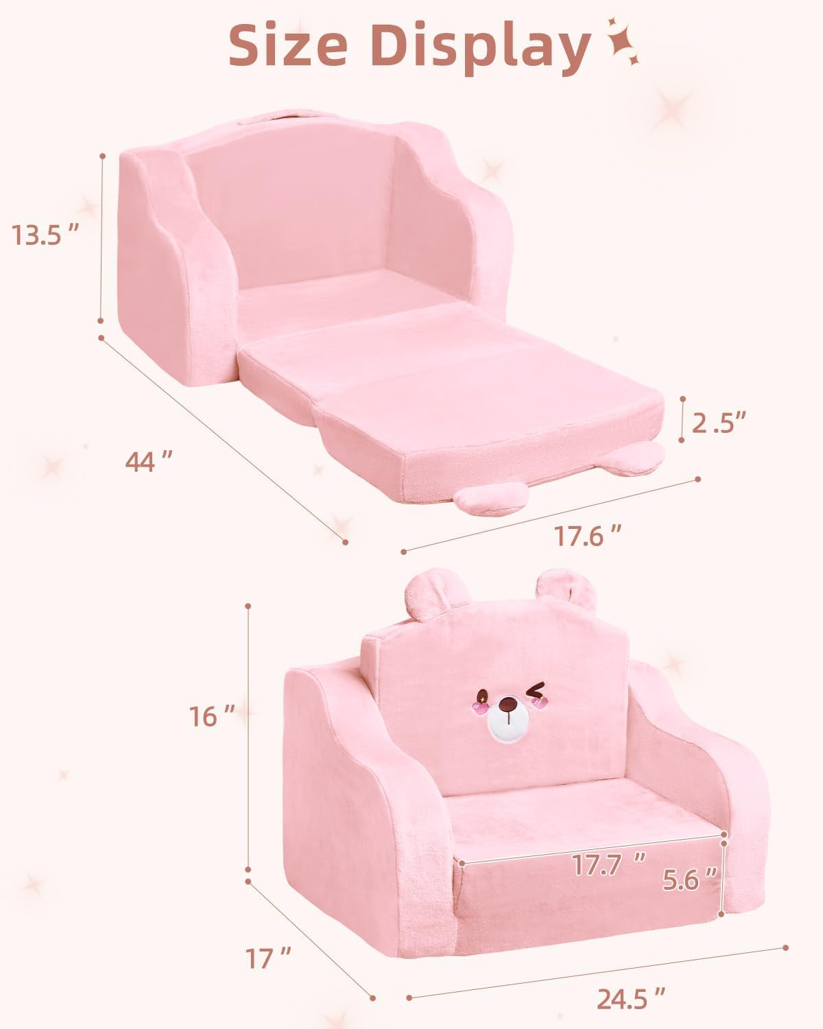 Kids Couch,Toddler Chairs Comfy 1-3 Years Old, 2-In-1 Soft Toddler Couches Fold Out,Convertible Sofa to Lounger for Girls and Boys,Cuddly Kids Floor Furniture for Playroom,Pink Bear