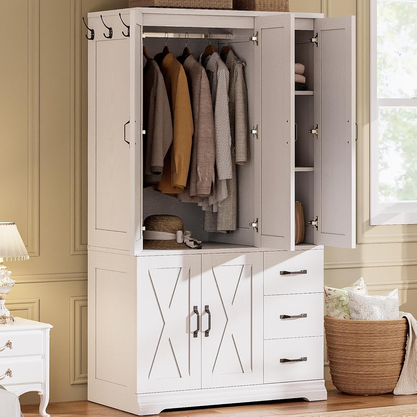 Wardrobe Closet with 5 Cabinet Doors and 3 Drawers, Large-Capacity Deep Armoire for Bedroom with 3 Side Hooks, Hanging Rod and anti - Tip Kit, White