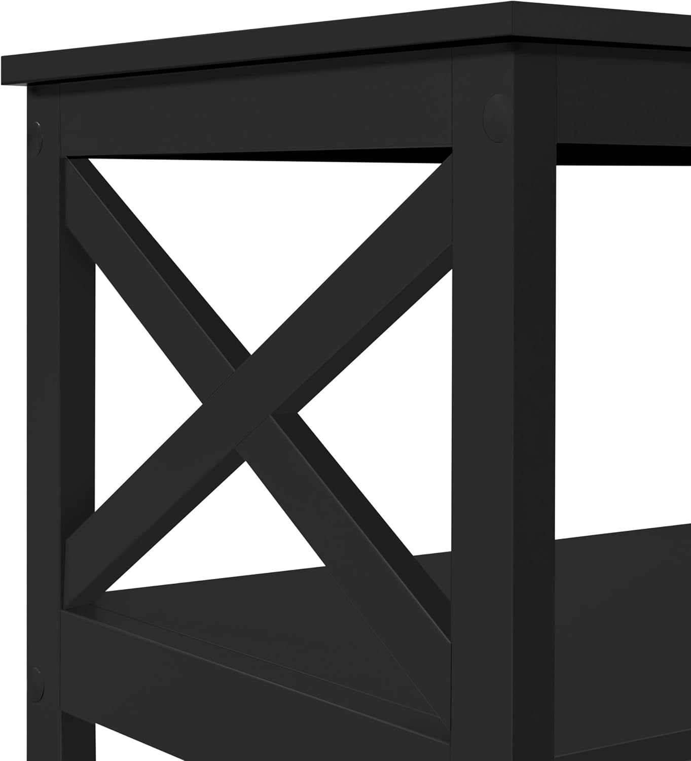 Black two tier wood coffee table with storage shelf and X design, view 10
