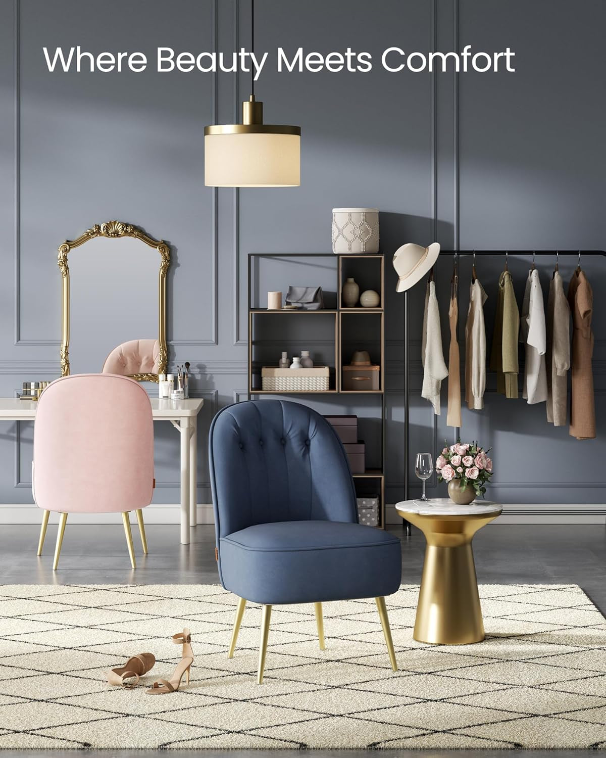 Accent Chair, Velvet Vanity Chair with Metal Legs, Shell-Shaped Back, Wide Seat, Luxury Style, Comfy Chair for Living Room, Bedroom, Makeup Room, Office, Charcoal Blue ULAC017Q01