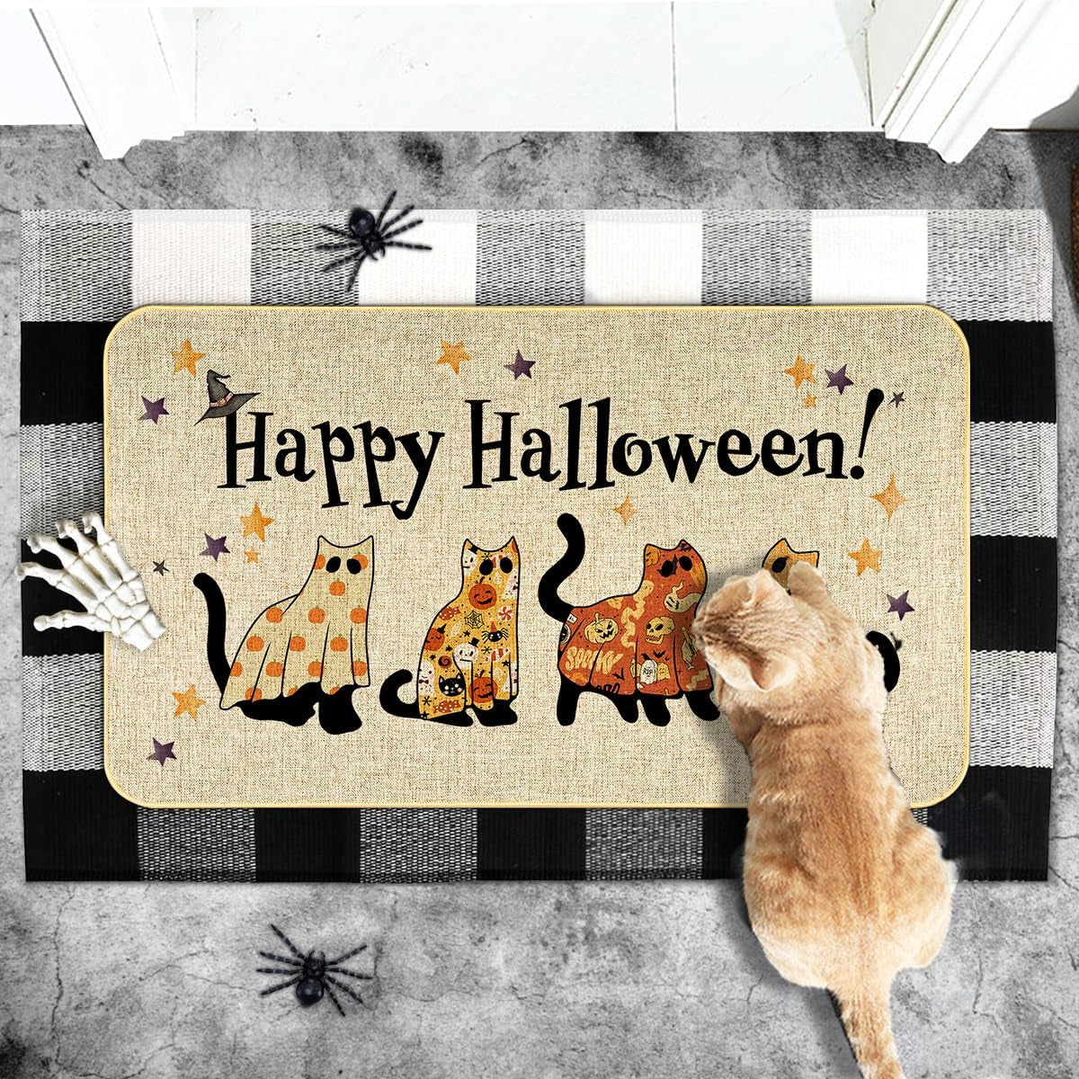 Happy Halloween Doormat Cat Welcome Door Mat Indoor Outdoor Entrance Mat Bathroom Non-Slip Rubber Backed Greeting Halloween Party Decoration 17 X 29 Inches