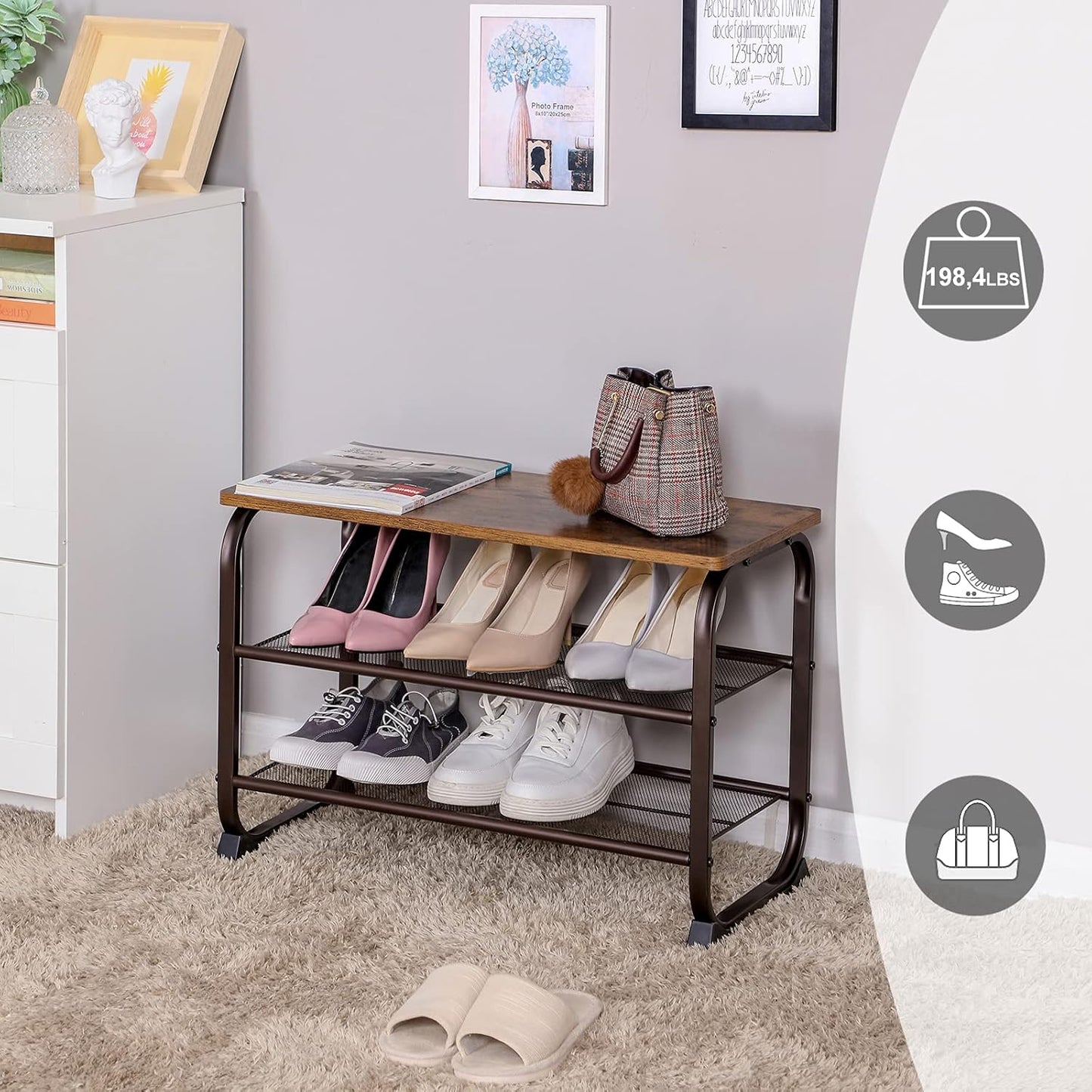 Shoe Bench Rack, 3-Tier Storage Shelf for Entryway Hallway Living Room, Industrial Accent Furniture with Steel Frame, 11.8 X 26.0 X 17.7 Inches, Rustic Brown