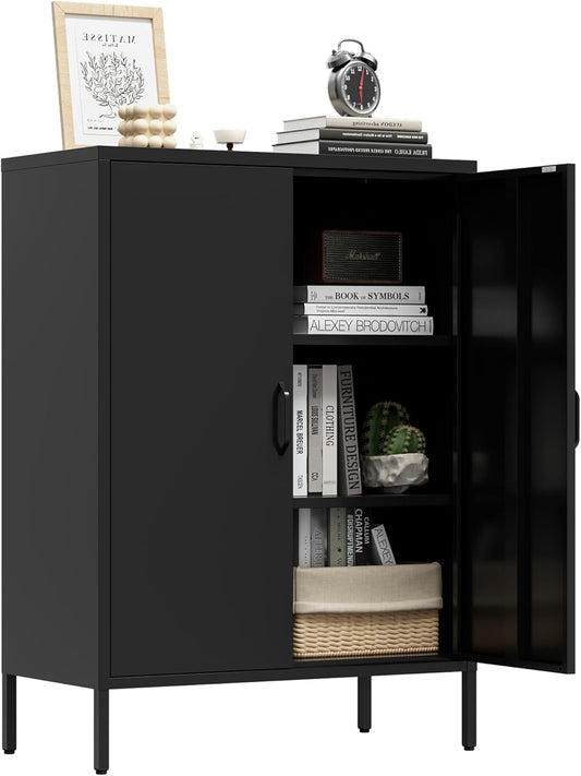 Metal Locker Storage Cabinet, Accent Sideboard Cabinet with Adjustable Shelves for Home Office, Garage, Kitchen, Living Room (Black, 40" H-Metal Doors)