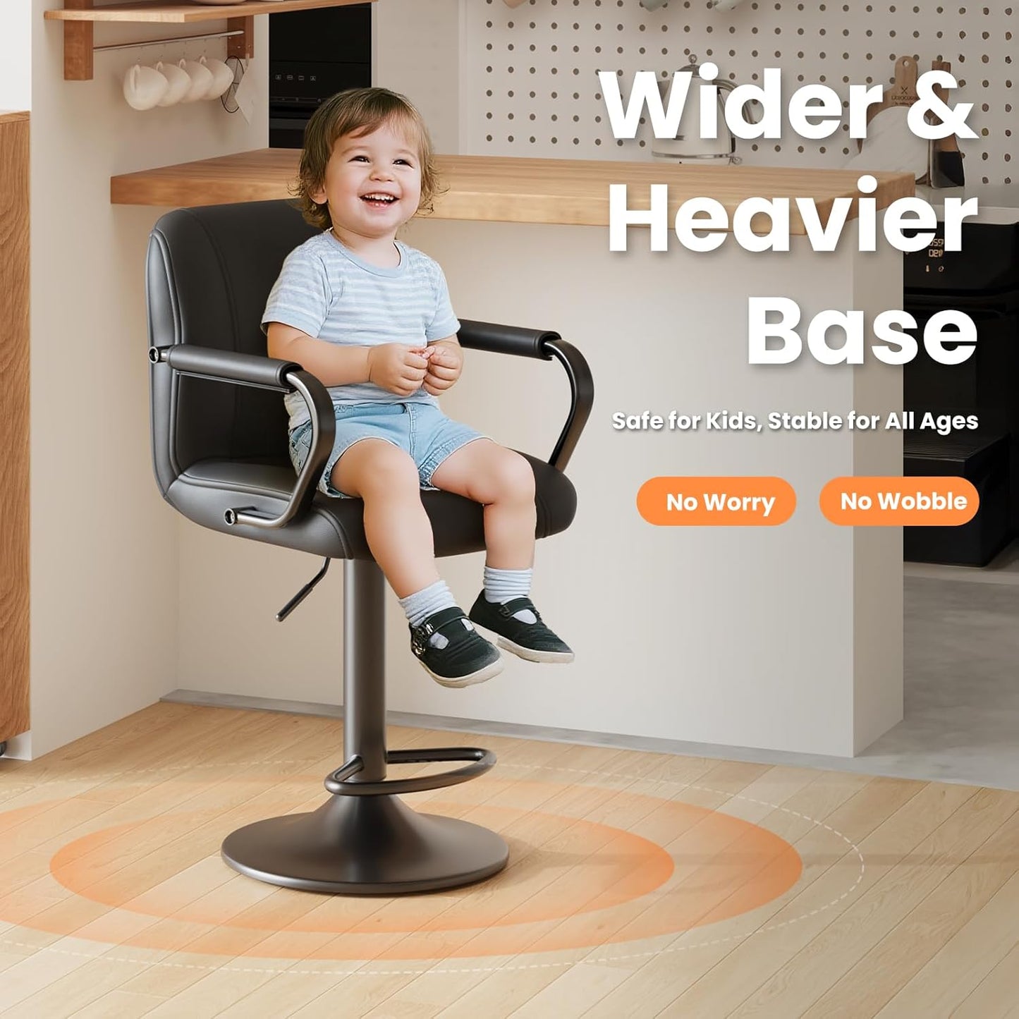 Set of 2 Modern Bar Stools with Backs - Adjustable High Chairs for Kitchen Island, Barstools for Home Bar, Island Stools, Sillas Altas Para Barra De Cocina, Black PU Leather