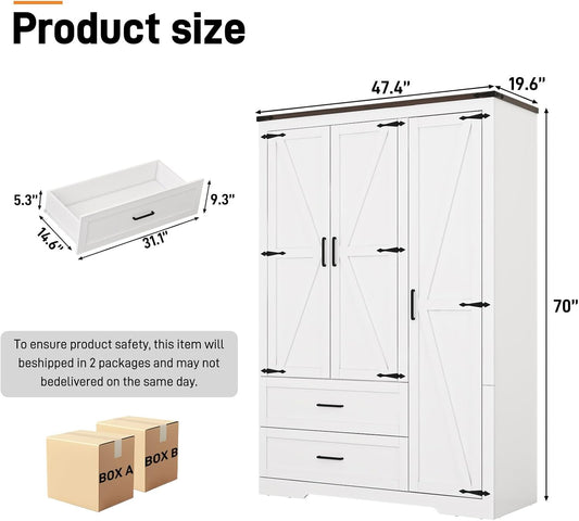 Farmhouse Wardrobe Armoire Closet with 3 Doors and 2 Drawers, 70.1" Wooden Clothing Storage Cabinet, Freestanding Large Capacity Storage Wardrobe Armoire with Hanging Rod for Bedroom, White