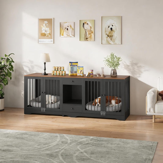 Large Dog Crate Furniture with Secure Locking Latches, 82" Wooden Dog Kennel Furniture with Double Doors, Drawers & 4 Bowls, Heavy-Duty Metal Bars Decorative Pet House for Living Room, Black