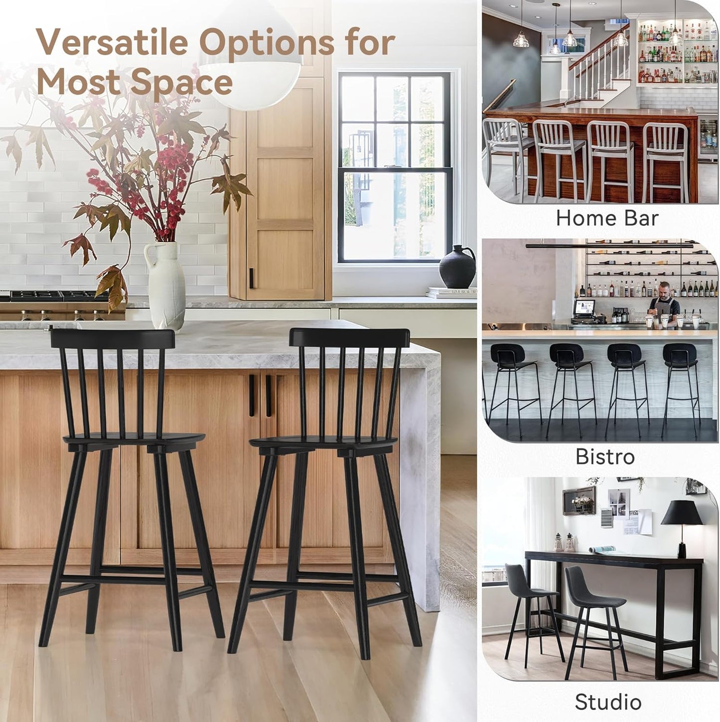 Windsor Wooden Bar Stools Set of 4 for Kitchen Island, Farmhouse 24 Inch Counter Height Stools Chairs with Spindle Back, Black