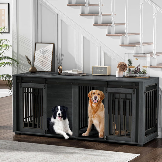 Large Dog Crate Furniture for 2 Dogs, Upgrade 71" Pro XXL Sliding Door Heavy Duty Dog Kennel Furniture with Divider, Steel Frame Indoor Double Dog Crate for Large Medium Small Dogs, Brown
