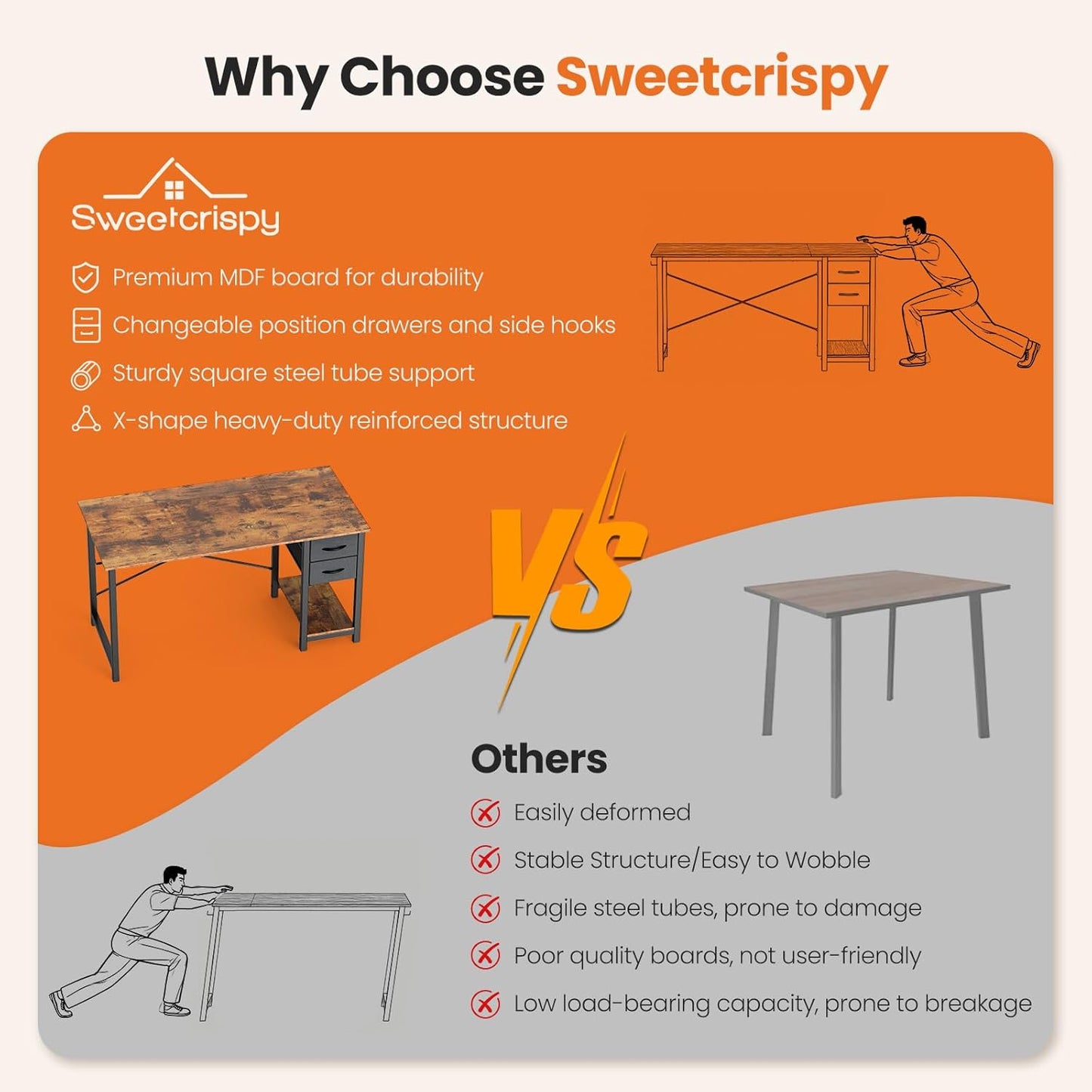 40 Inch Computer Desk with Drawers for Home Office, Writing Desk with X-Shaped Reinforcement, Wood Table with Adjustable Position Drawers, Modern Study Work Table with Side Hook, Rust