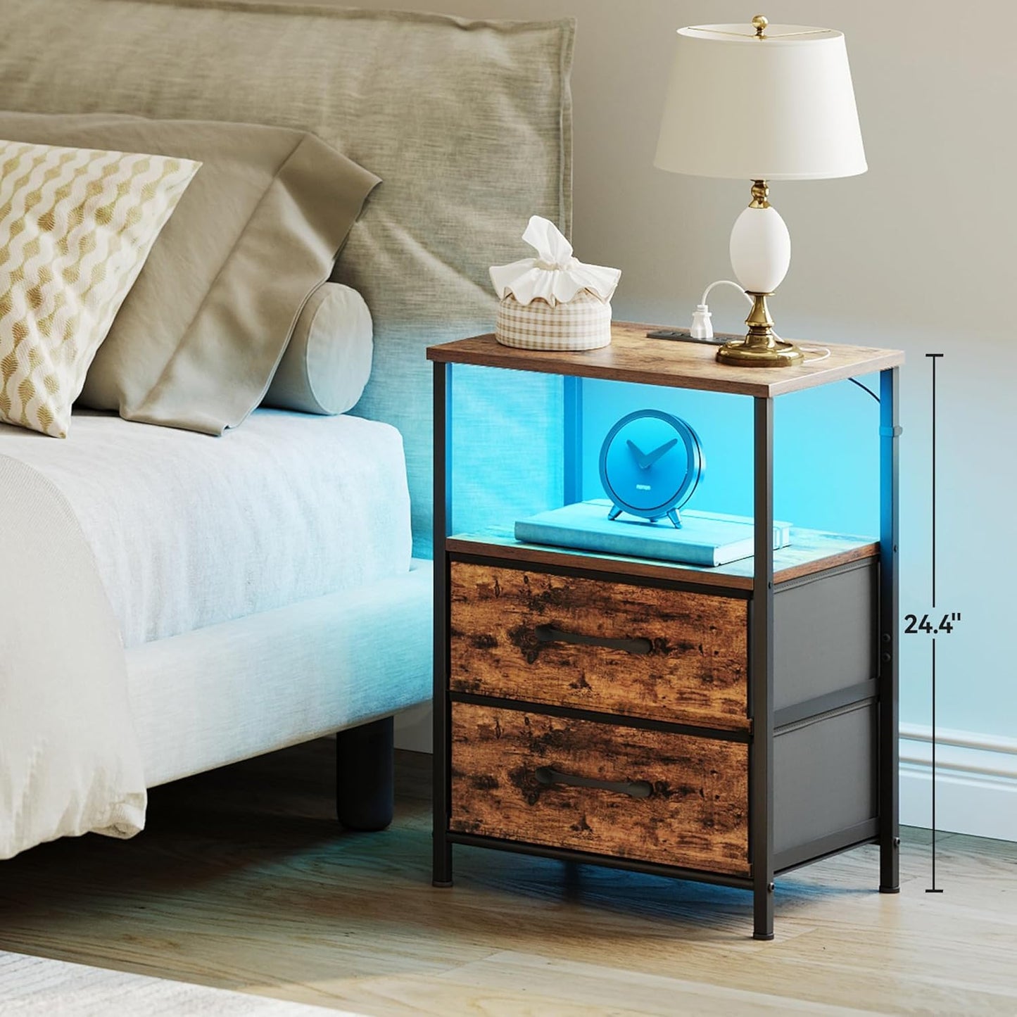 Nightstands Set of 2, Night Stand with Charging Station and Led Lights, Bedside Table with 2 Fabric Drawers for Bedroom, Small Side End Table with Open Shelf, Rustic Brown