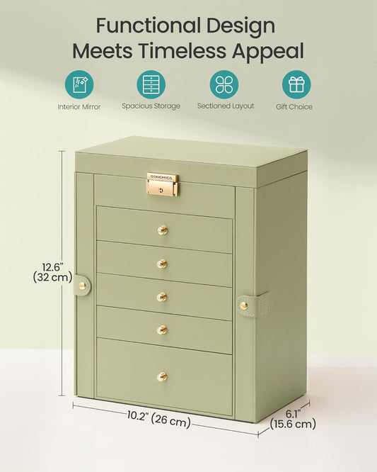 6-Layer Jewelry Box Organizer with 5 Drawers, Jewelry Storage Case with Lock and Mirror, Large Storage Capacity, Gift for Loved Ones, for Necklaces, Watches, Sage Green UJBC152CE01S