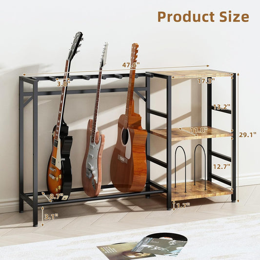 Record Player Stand with Guitar Stand, Record Player Table with Guitar Rack, Guitar Holder 7 Space for Multiple Guitars, Bass, Acoustic, Guitar Display for Home Music Studio, Brown