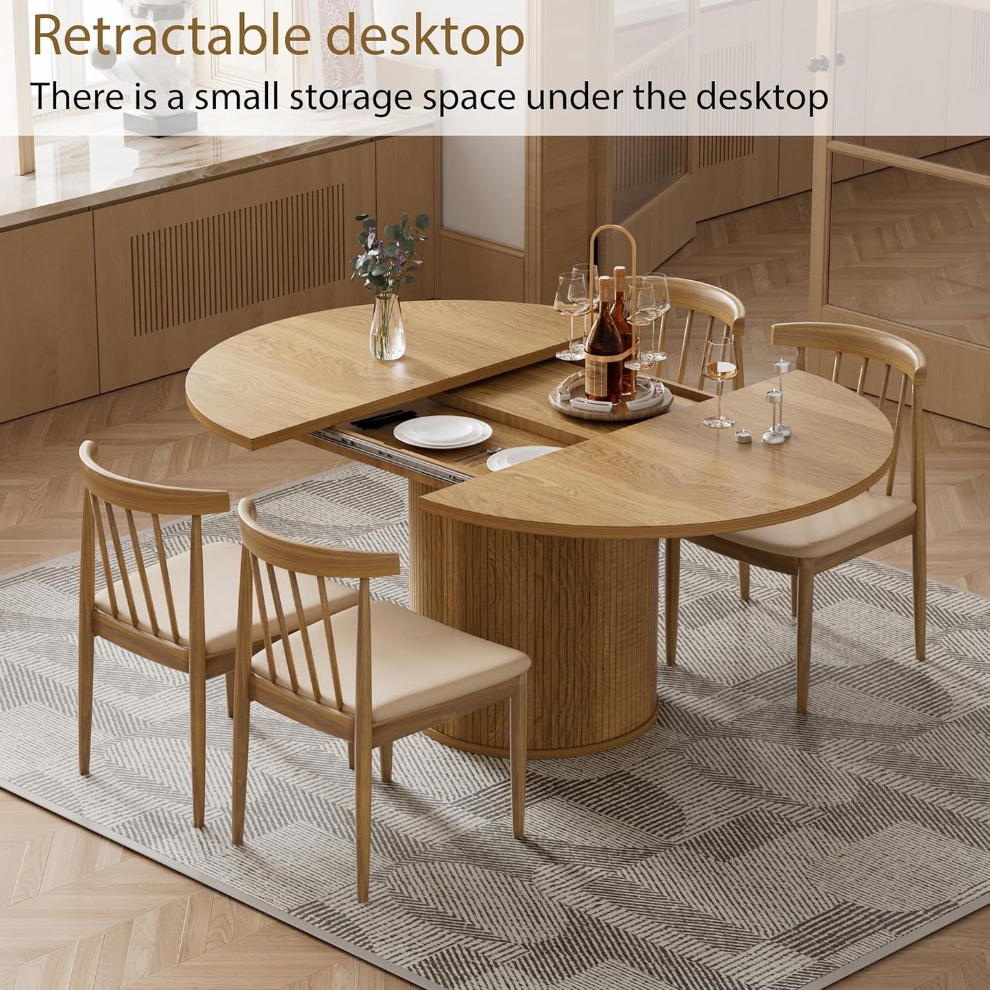 43.3''-59'' Extendable round Dining Table for 4, Modern Farmhouse Expandable Dining Table with Wood Strip Base for Kitchen Living Room,Natural