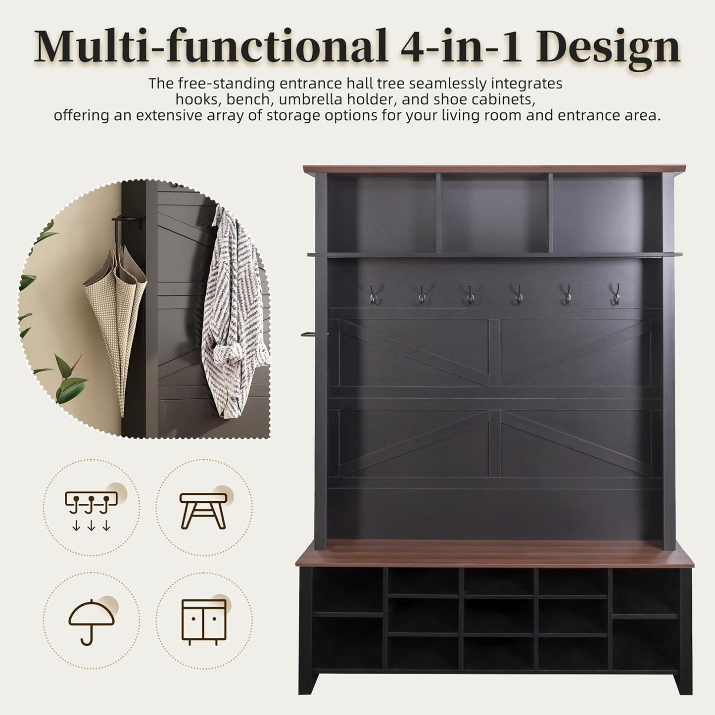 Wood Rustic Hall Tree Entryway Bench with 6 Hooks and Adjustable Shelves, Farmhouse Mudroom Versatile Coat Racks with 16 Open Compartments, Entrance Organizer for Hallway Black