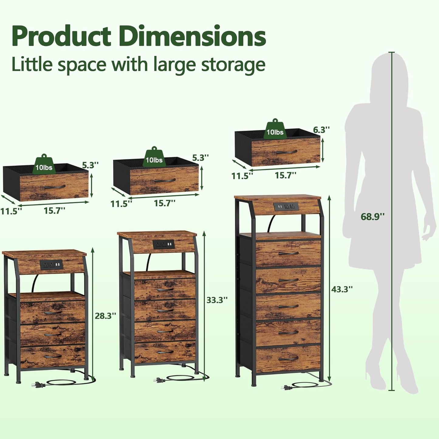 5 Drawers Dresser with Charging Station, Tall Night Stand with Storage Shelf, Fabric Chest of Drawers, Bedside Table for Closet, Entryway, Bedroom Furniture, 3 Ways to Use, Rustic Brown