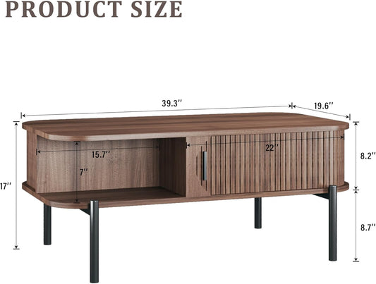 Coffee Table, 39.4" Mid Century Modern Coffee Tables for Living Room, Coffee Table with Storage Open Shelf, Fluted Table with Sliding Cabinet Door, 2-Tier Rustic Wood Desktop, Walnut
