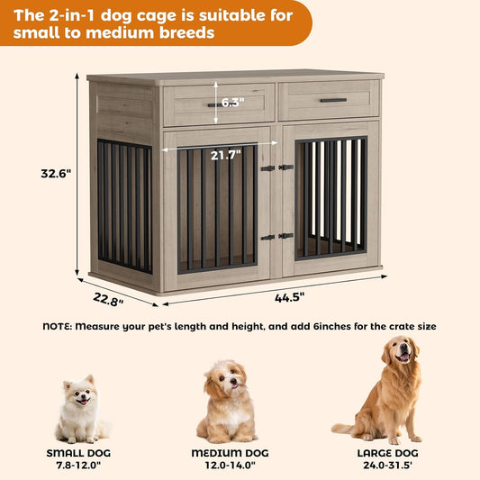 Extra Large Dog Crate Furniture,44.5 Inches Wooden Dog Crate with 2 Storage Drawers and 3 Hooks,Heavy Duty Pet Crate for Large Dog, Decorative Pet Cage with Sliding Barn Door for Indoor,Grey