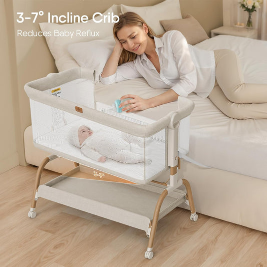 Baby Bassinet Bedside Crib, 3-In-1 Baby Bassinet Bedside Sleeper with Mattress and Soft, Breathable Sheet, Full-Mesh Sides, 6-Height Adjustable, Stable and Secure Crib for Newborns