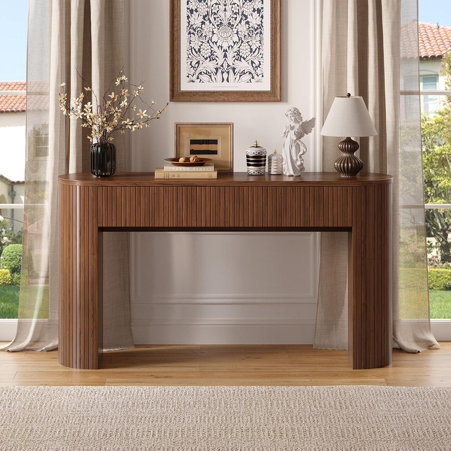 55 Inch Console Table with 2 Drawers, Fluted Entryway Tables with Storage, Sofa Table behind the Couch, Hallway Tables, Mid-Century Modern Foyer Table for Entryway, Hallway, Living Room, Black