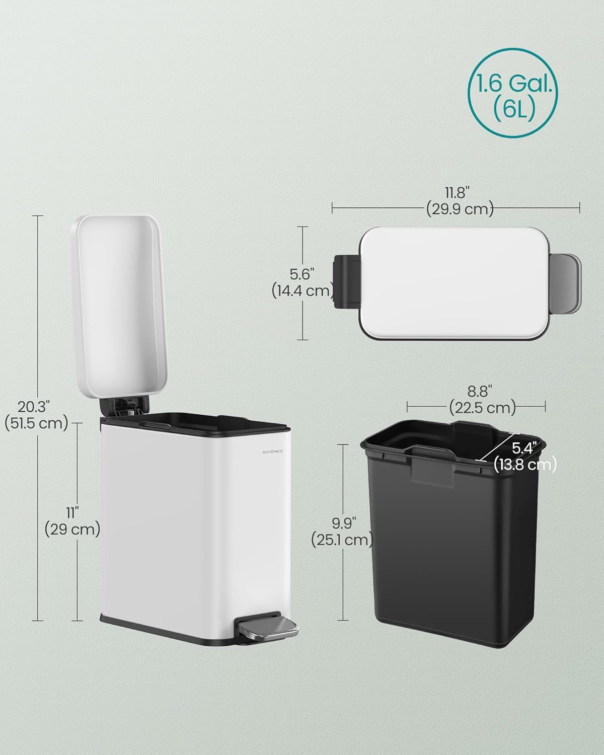 Bathroom Trash Can, 1.3 Gallon (5 L) Small Trash Bin with Lid, Slim for Small Spaces, Stainless Steel Garbage Can, Soft Close, White ULTB560W05
