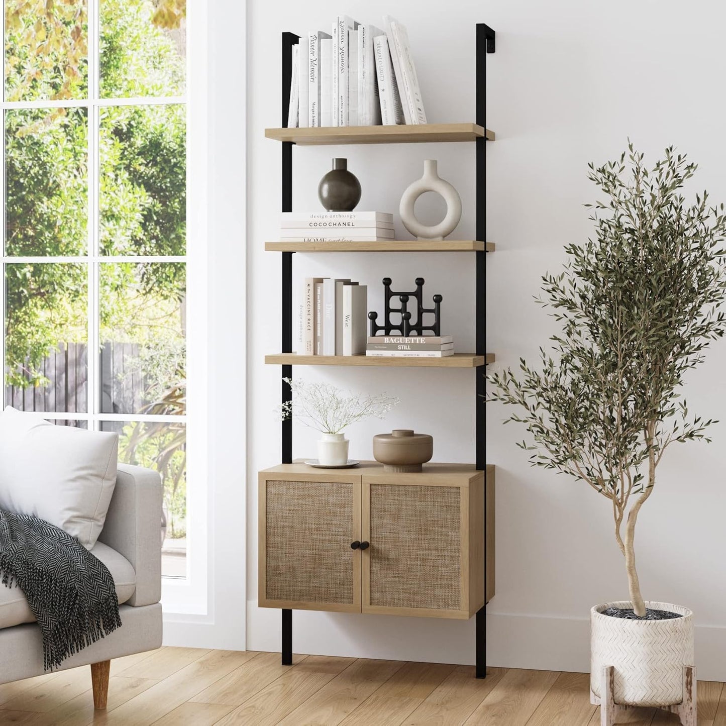 Theo Ladder 3 Tier Open Bookshelf with Rattan Drawers and Matte Steel Frame, Light Oak/Black