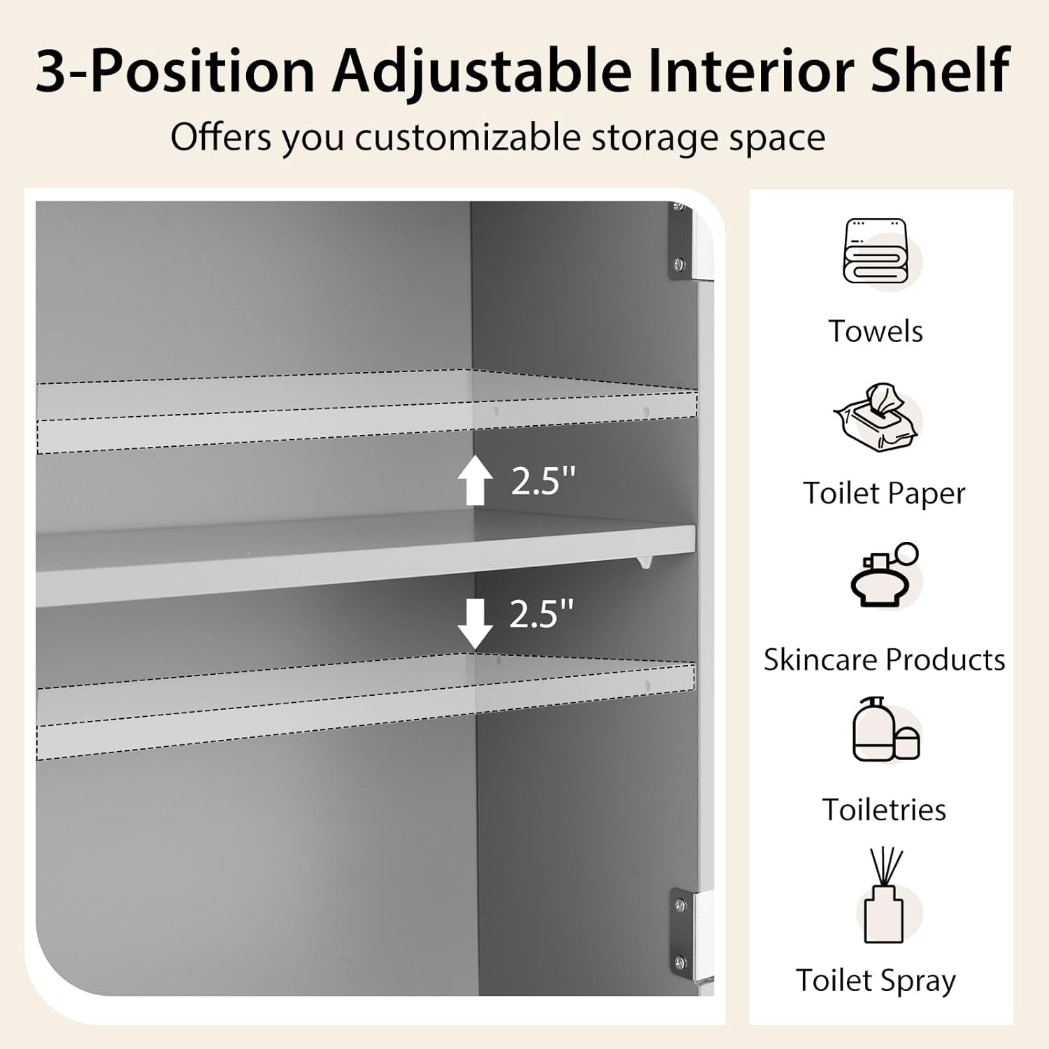 over the Toilet Storage Cabinet, Bathroom Shelf over Toilet, Double Door Bathroom Storage Cabinet Organizer with Adjustable Shelf, Open Shelf (White)