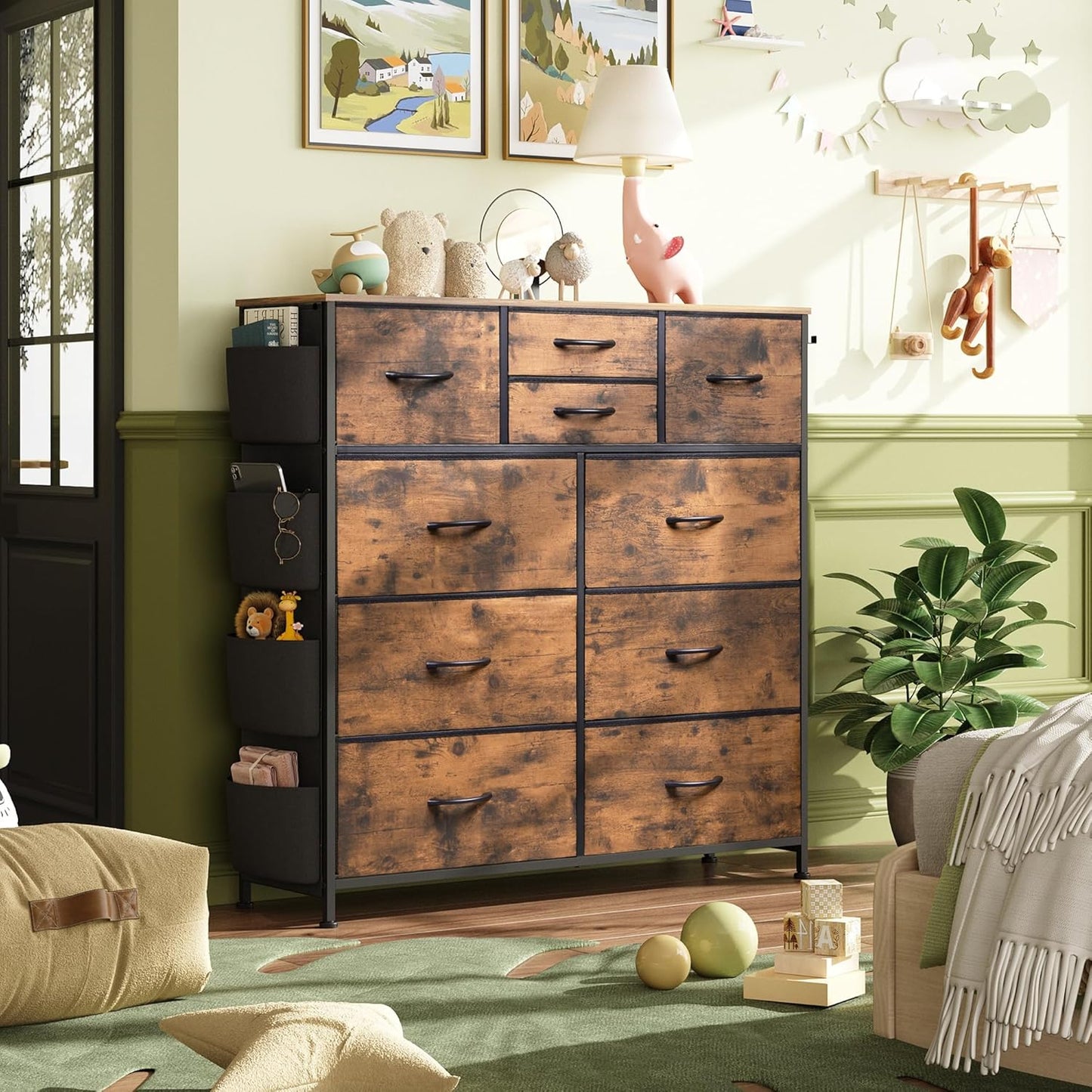 Fabric Dresser for Bedroom with 10 Drawers, Chest of Drawers with Side Pockets and Hooks, Sturdy Metal Frame, Drawers Organizer Unit for Living Room, Hallway, Rustic Brown Wood Grain Print