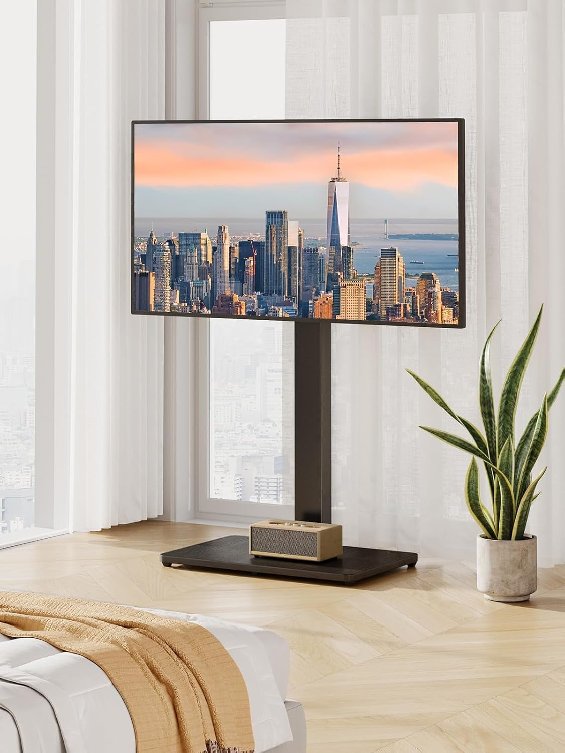 Floor TV Stand with Mount for 32-70 Inch Tvs up to 88Lbs, Floor Standing TV Stand with 9 Height Adjustment, TV Swivel Stand for Living Room with Wood Base, Max VESA 400X400Mm, PGFS09