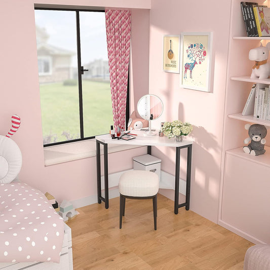 Corner Desk Small Desk with Outlets Corner Table for Small Space, Computer Desk with USB Ports Triangle Desk with Storage for Home Office, Workstation, Living Room, Bedroom, White