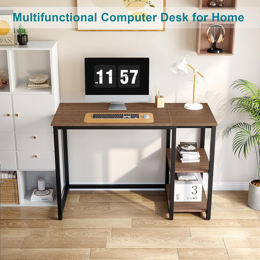 40" Vintage Desk with Shelves, Sturdy Dark Brown Desks with Storage, Rustic Desk Wooden