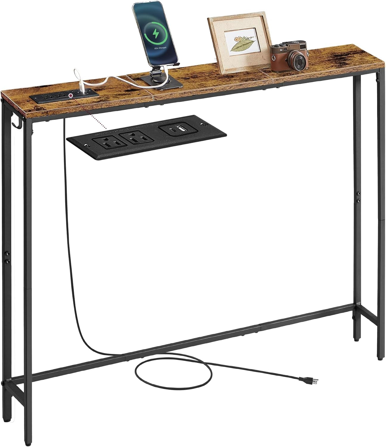 Console Table with Power Outlet, Slim behind Couch Sofa Table, 5.9 X 39.4 X 31.5 Inches, 1 Hook, Easy Assembly, for Entryway, Living Room, Rustic Brown and Ink Black ULNT079K01