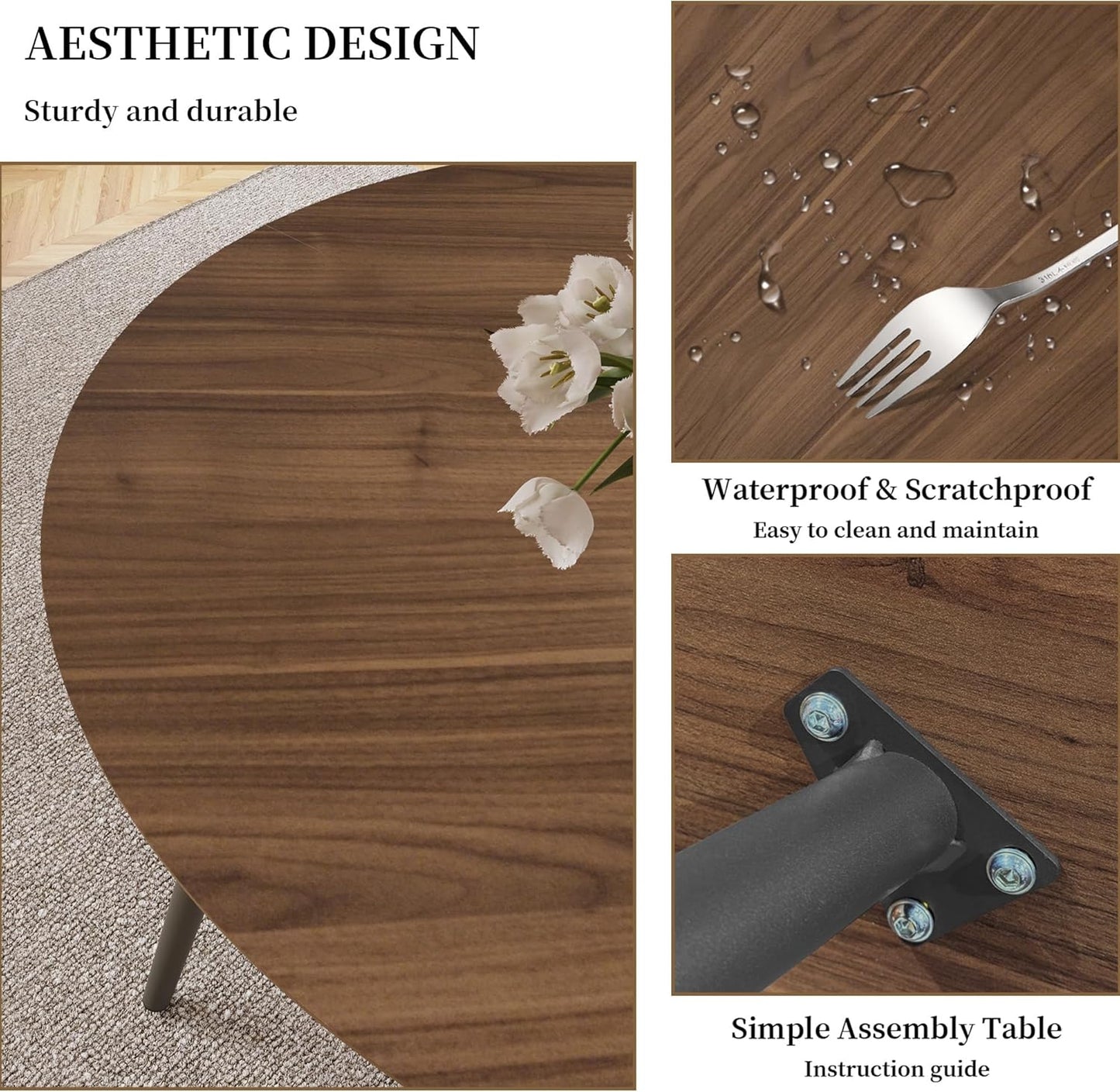 43.3 Inch round Dining Table Set for 4, Modern Small Kitchen Coffee Set for Dining Room Kitchen Apartment (Walnut Table + 4 White Shell Chairs)