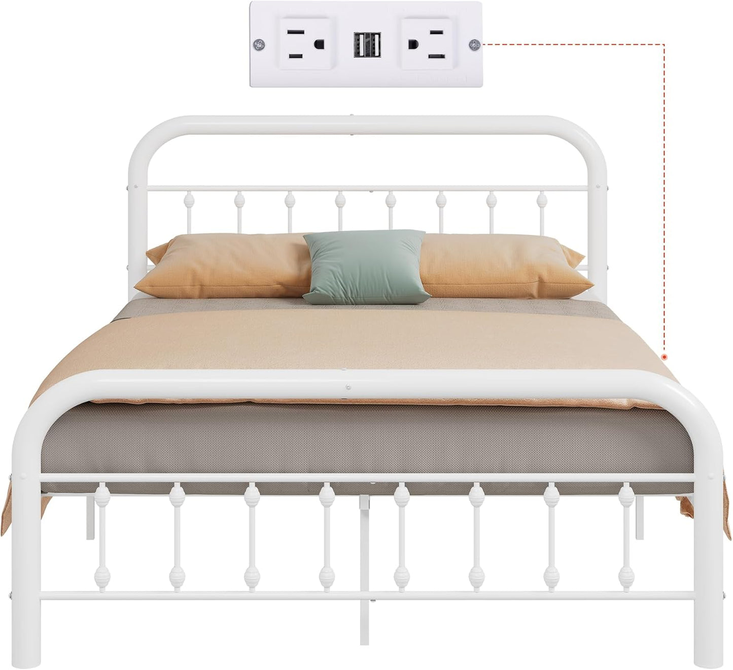 Twin Bed Frame, Twin Size Bed Frames with LED Lights and Charging Station, Metal Bed Frame with Headboard, No Box Spring Required,Easy Assembly,White