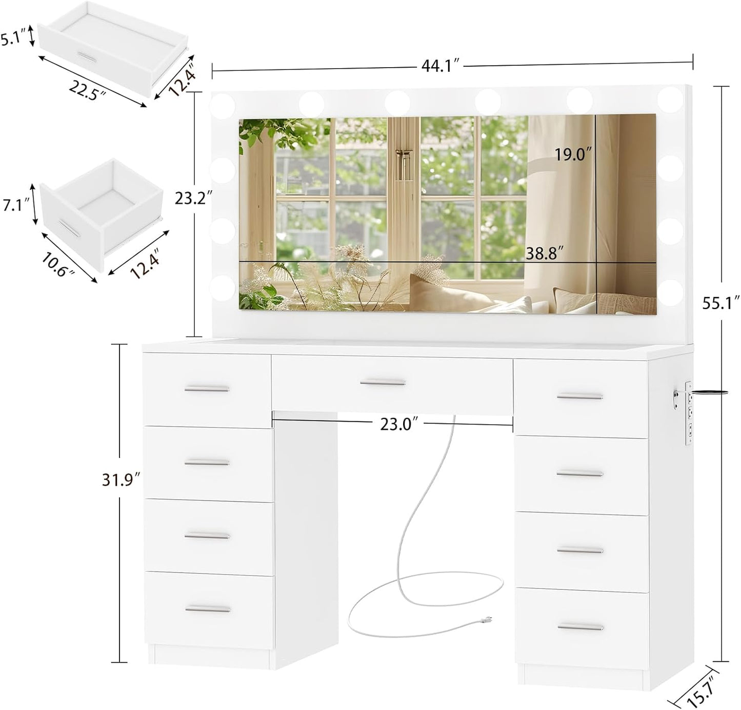 Vanity Desk with Glass Top & Large Lights Mirror, 3 Adjustable Lighting Color, 44" Makeup Vanity Desk with 9 Drawers and 12 LED Lights, Vanity Table, Dressing Table for Bedroom(White)