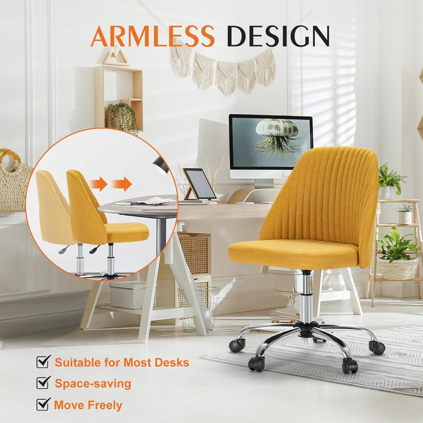 Armless Office Chair, Modern Fabric Home Office Desk Chairs with Wheels Adjustable Swivel Task Computer Vanity Seat for Small Spaces,Ginger Yellow
