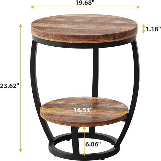 Round End Table, 2 Tier Industrial Side Table, Nightstand with Metal Frame, Accent Bedside Table with Storage Shelves for Living Room, Bedroom, Small Spaces, Rustic Brown & Black