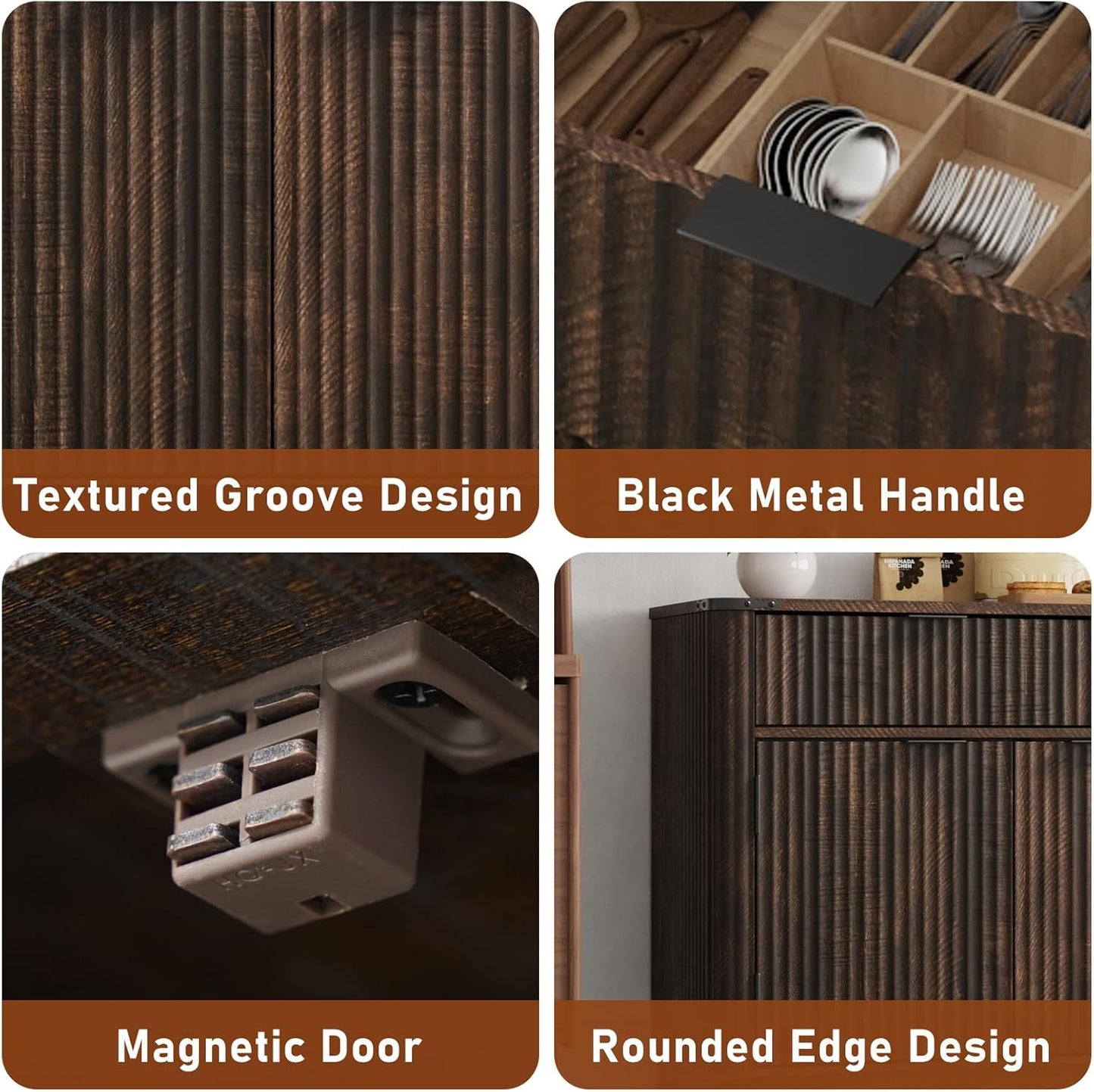 70” Large Curved Buffet Cabinet with 3 Storage Drawers,Kitchen Fluted Sideboard Cabinet W 4 Door Shelves,W Load-Bearing Steel Pipe,Wood Farmhouse Coffee Bar Cabinets,Kitchen Pantry(Rustic Brown)