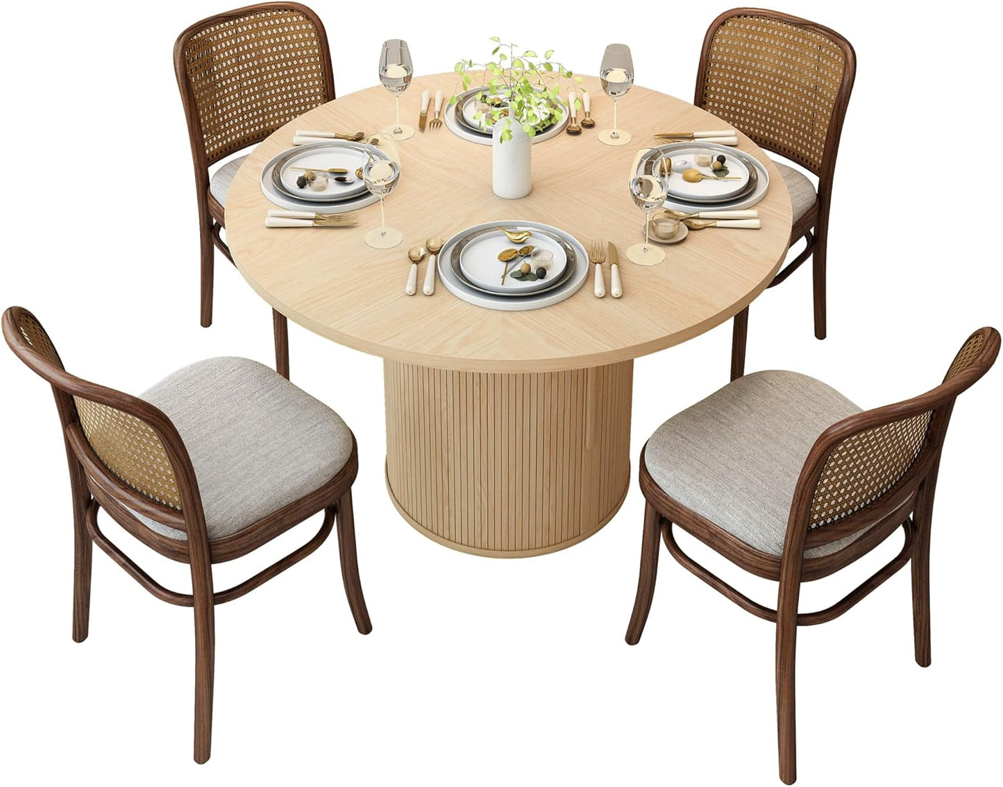 47 Inch round Dining Table for 4, Kitchen Table Dinner Table with 2-Layer Storage Shelf and Wood Slide Door for Home Dining Room Living Room (Natural)