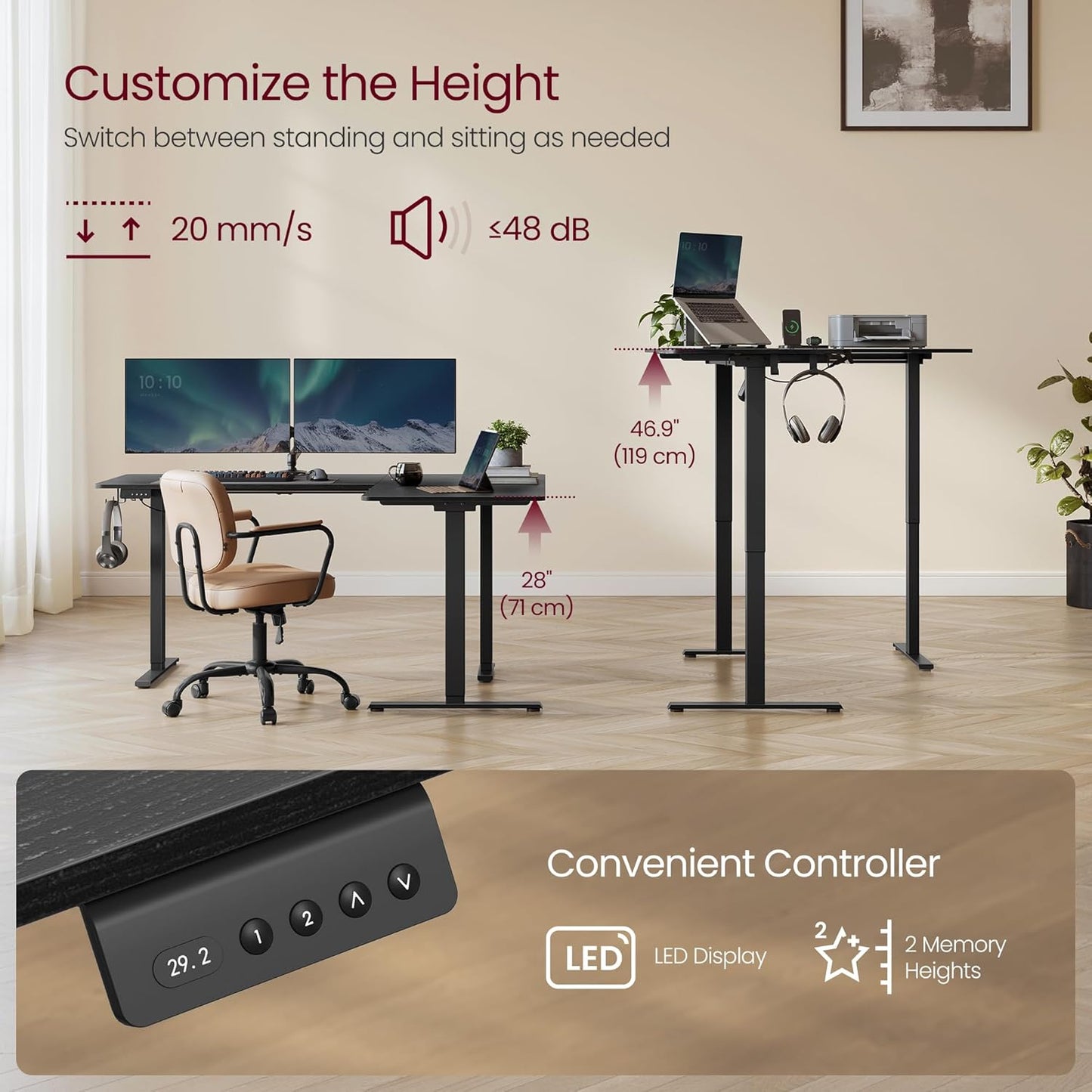 L Shaped Electric Standing Desk, 63 X 47.2 Inches, Height Adjustable Corner Desk with Power Outlets, 2 Memory Buttons, Easy to Assemble, for Home Office, Ink Black ULSD242B01