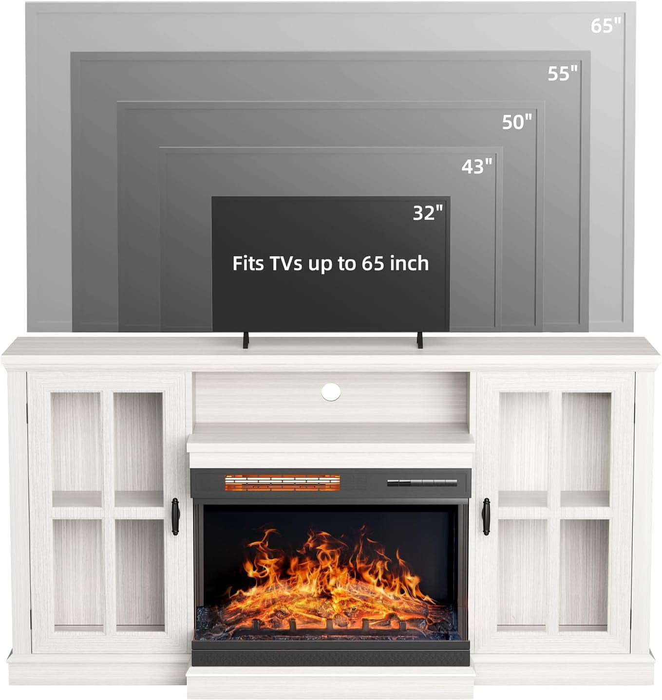 Glass Fireplace TV Stand for Tvs up to 65 Inch, Media Entertainment Center with Storage, White Wash