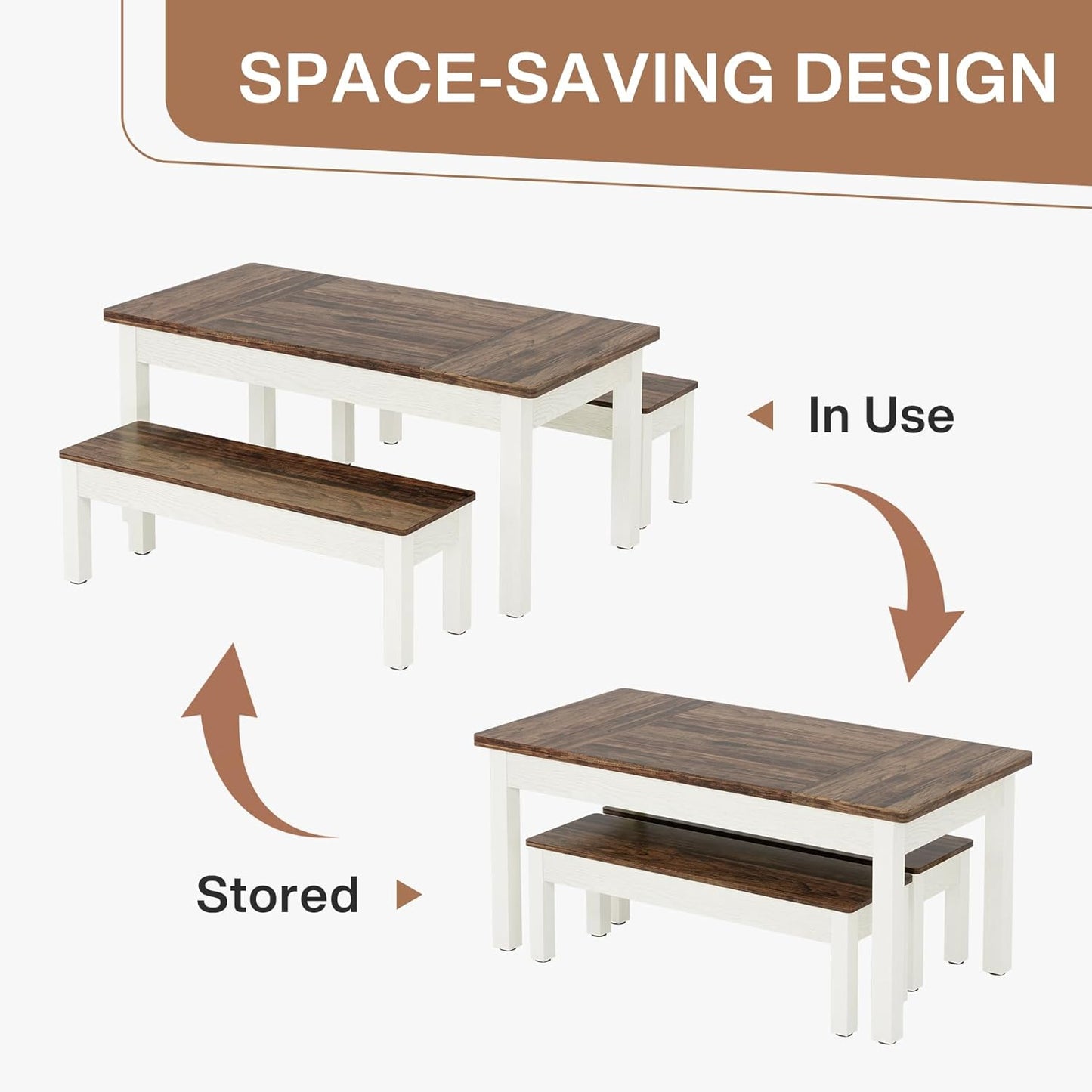 Farmhouse Kitchen Table Set for 4-6, 55-Inch Wooden Dining Table with 2 Benches, Space Saving 3 Pieces Heavy Duty Dinette for Dining Room, Kitchen, Small Space