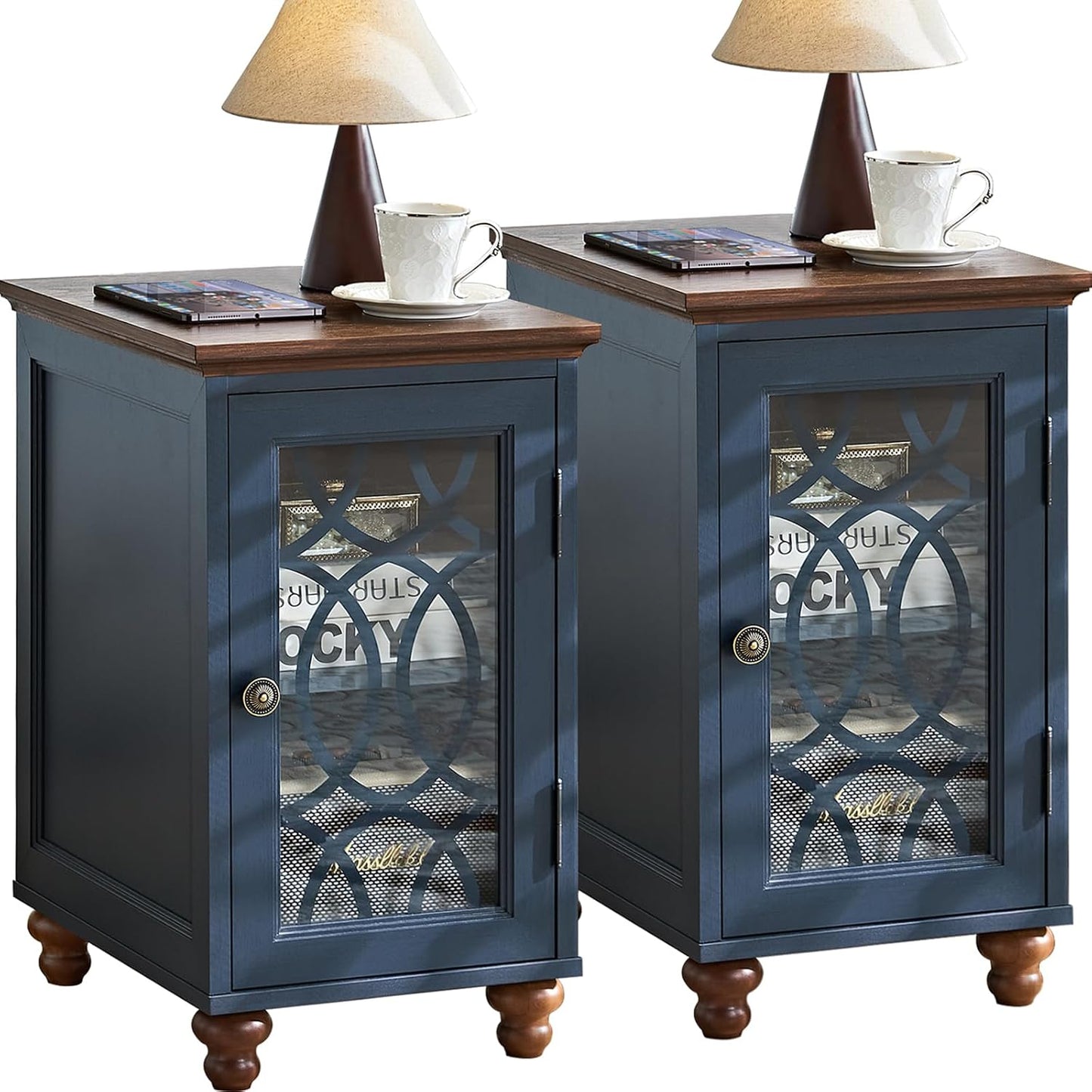 Narrow Side Table Set of 2 with Glass Door, 18 X 14'' Night Stand with Adjustable Shelf Storage Cabinet Organizer, Bedside End Tables Wood Nightstand for Small Spaces Living Room Bedroom