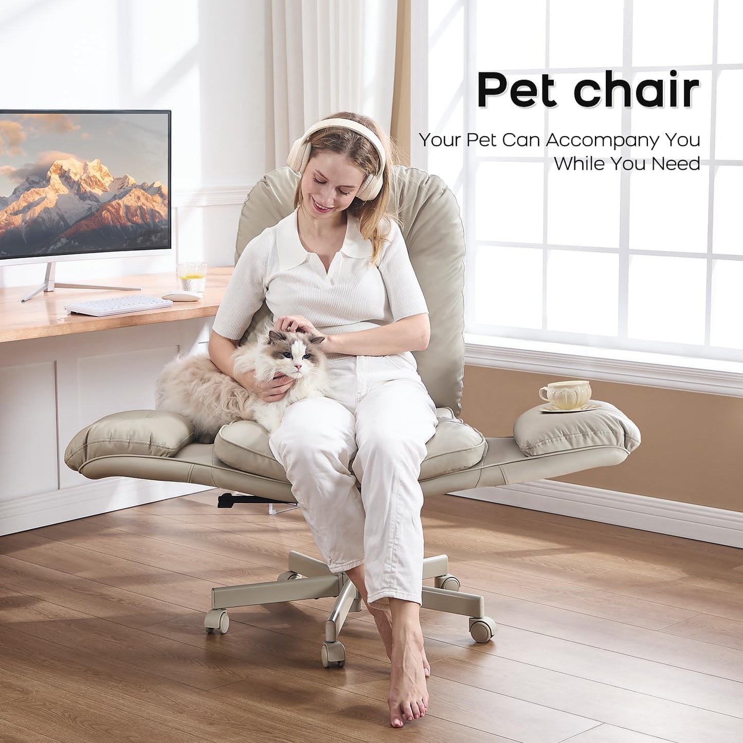 Criss Cross Chair with Armrests & Wheels for Cross-Legged Sitting ,Comfortable Adjustable Swivel Office Desk Chair –PU Leather Vanity Chair for Home, Makeup and Bedroom (Cream)