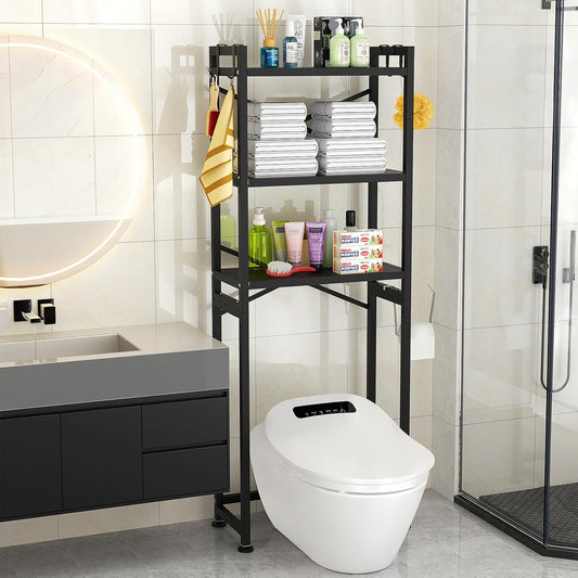 over the Toilet Storage,3-Tier,Bathroom Toilet Organizer,Multifunctional Space Saver Freestanding Bathroom Shelves with 4 Hooks,Black