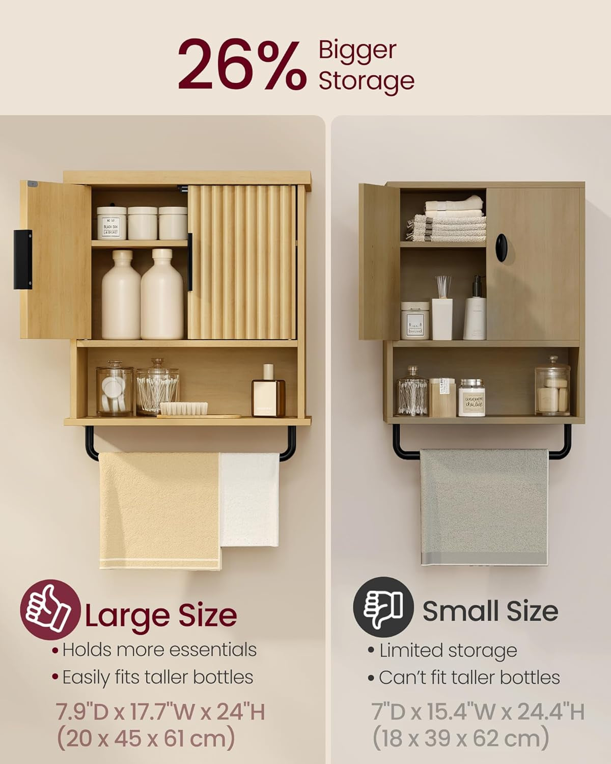 MAXE Collection - Bathroom Cabinet Wall Mounted, over Toilet Hanging Cabinet with Adjustable Shelf, Towel Bar, Fluted Doors, 7.9 X 17.7 X 24 Inches, Transitional, Oak Beige UBBK137Y01S