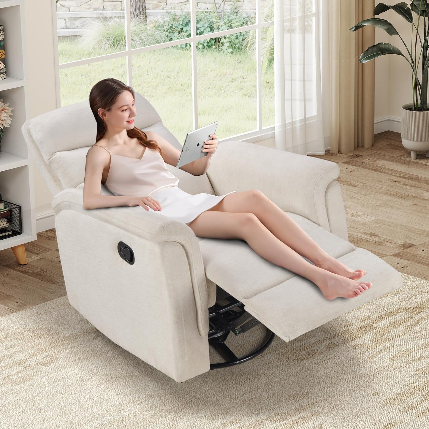Swivel Rocker Recliner, Nursery Glider Chair, Manual Chairs Swivel Glider Recliners with Soft Backrest, Fabric Manual Reclining Sofa for Living Room Bedroom Apartment, Beige
